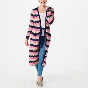 Laurie Felt Pointelle Knit Maxi Cardigan Duster Sweater Navy Pink Tan Size XXS